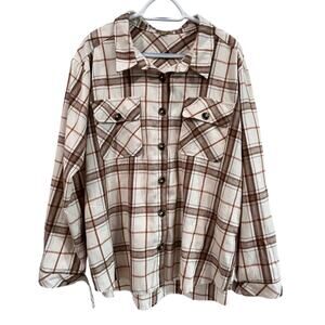 Democracy XL Plaid Flannel Shirt Women’s Button Front Brown Tan Fall Casual